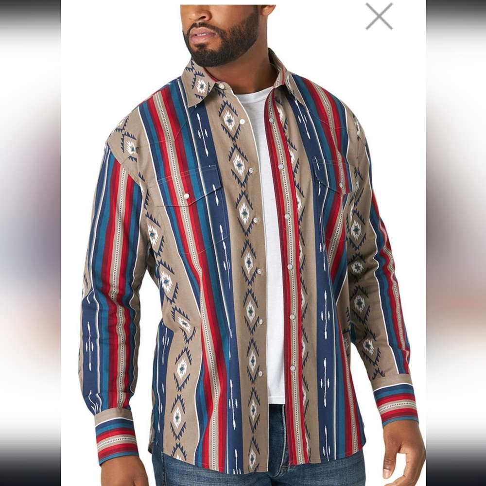 Wrangler Shirt Size MeduimPearl Snap Cowboy Cut Western Aztec Southwestern Men’s